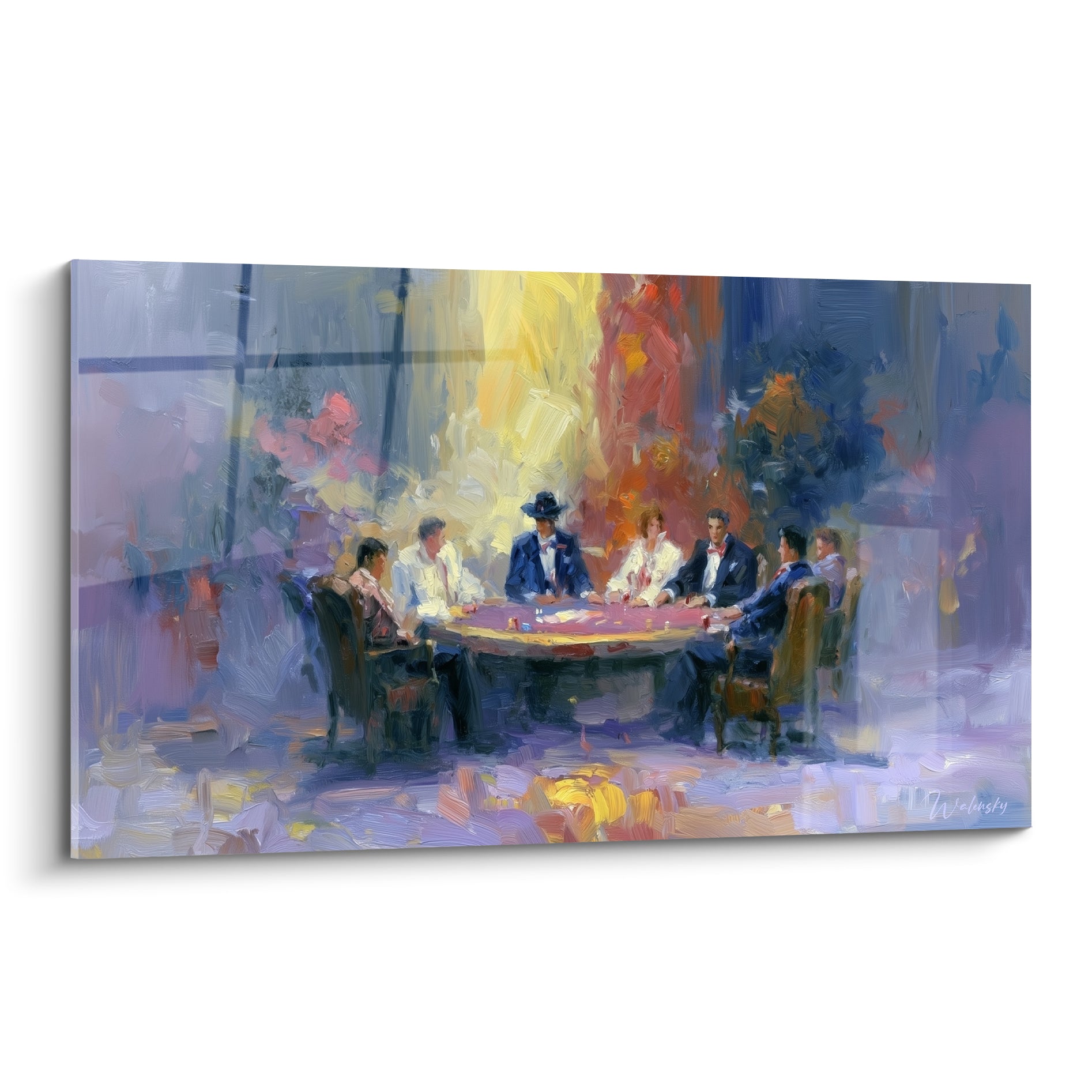 Joueurs de poker réunis autour d'une table, tons violets et dorés, style impressionniste vibrant