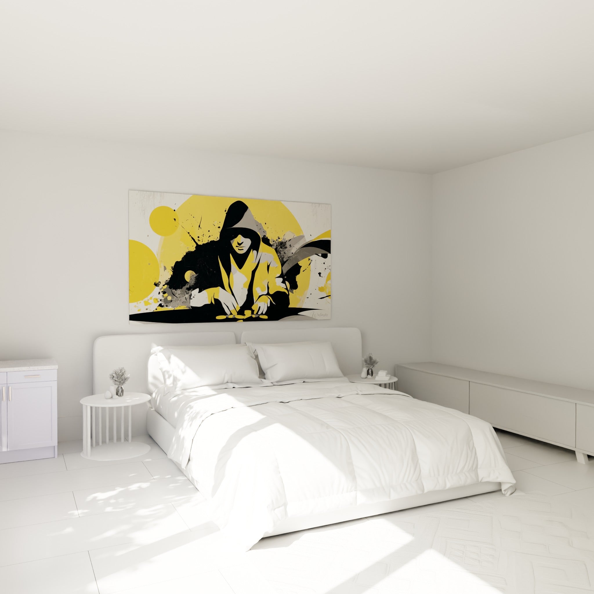 Silhouette poker jaune et anthracite, capuche noire, accrochée au-dessus d'un lit dans une chambre claire