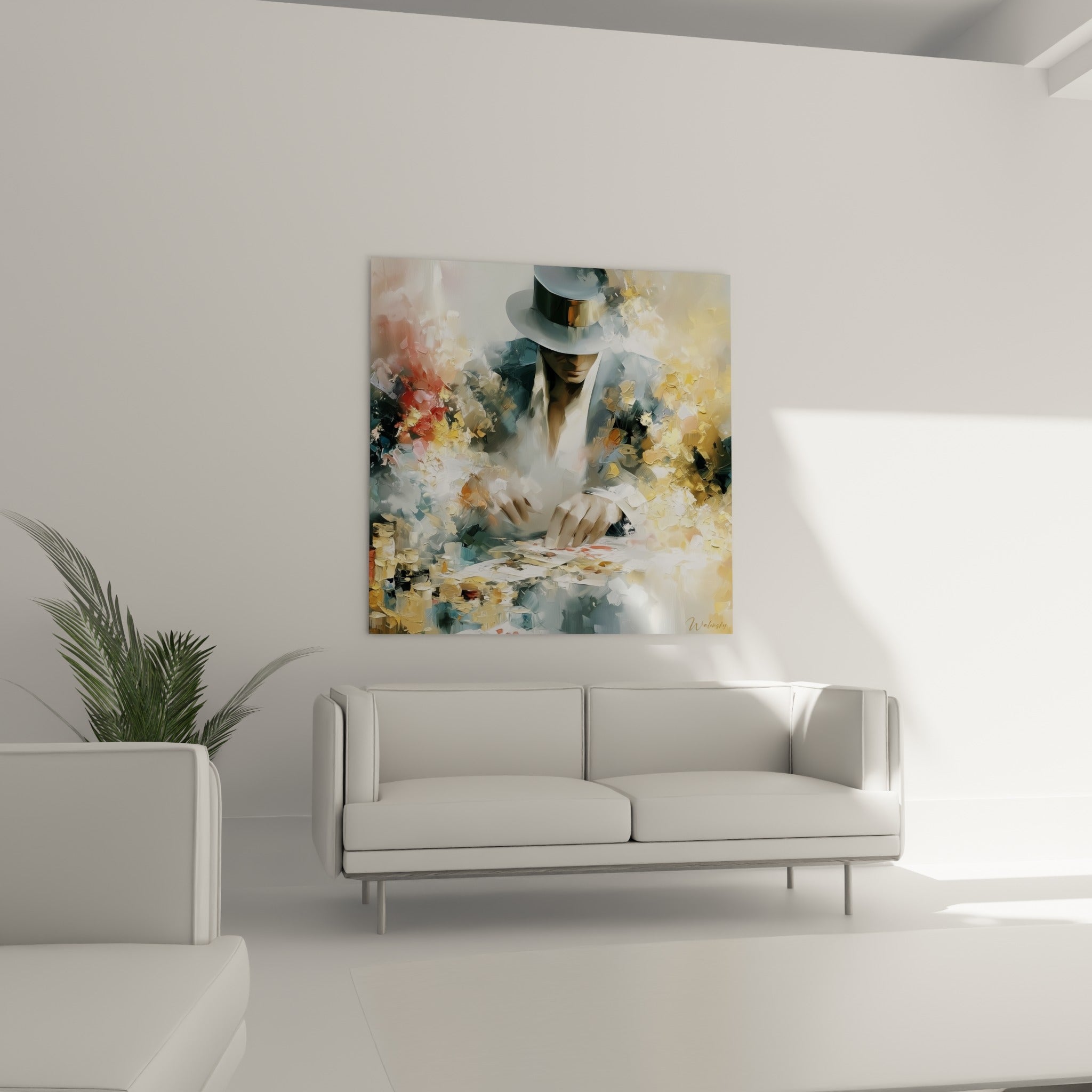 Personnage penché sur ses cartes, tons dorés et gris fauve, au-dessus d'un canapé dans un salon lumineux