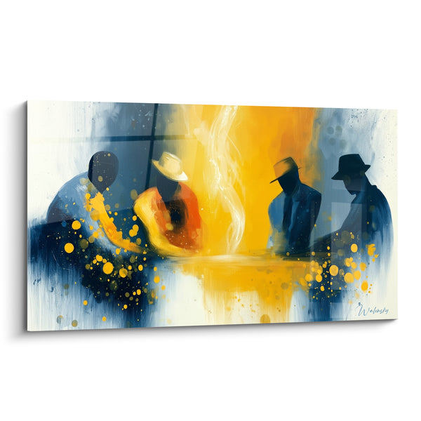 Tableau Joueurs silhouettes bleu marine et doré autour d'une table - Veillée décisive - Edition poker