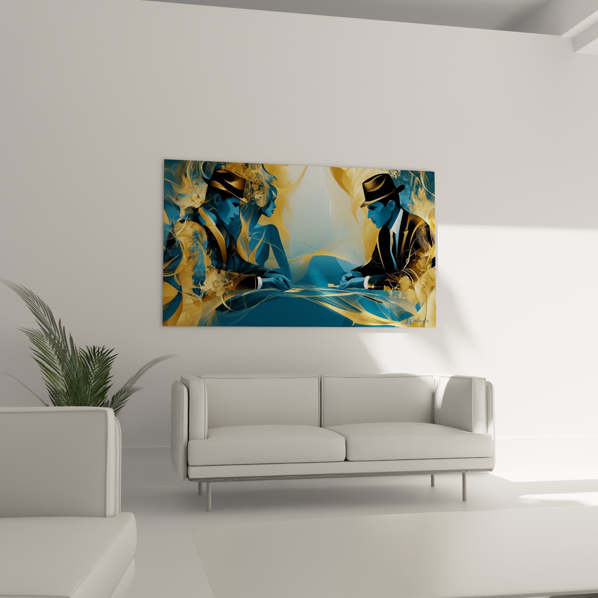 Table de poker aux volutes dorées et silhouettes bleues au-dessus d'un canapé dans un salon lumineux