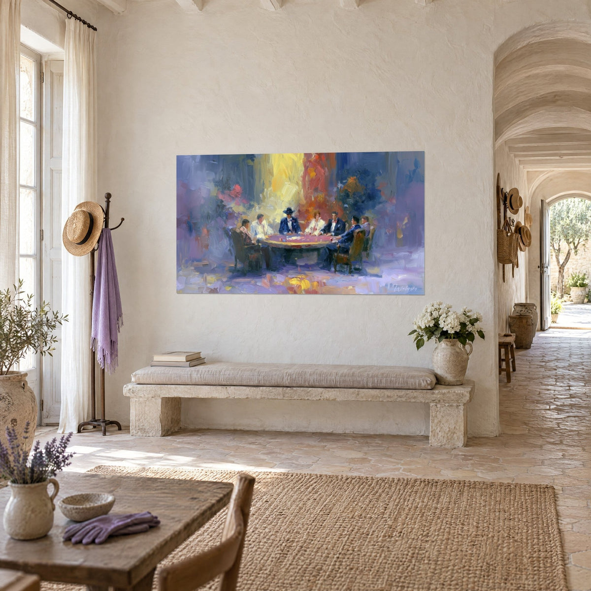 Wall art night card game, midnight blue jacket and black hat, bright yellow glow, three-quarter view in a vaulted corridor of the farmhouse