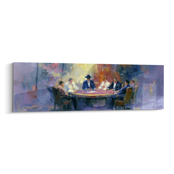 Tableau Table ronde violette et jaune sous lumière dorée - Silhouettes assises en cercle - Edition poker