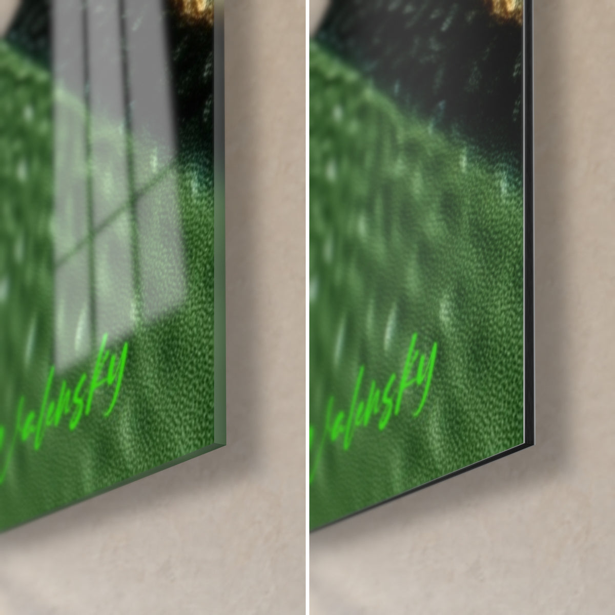 Cuadro pica negra y verde esmeralda, esquina inferior derecha: acrílico brillante que refleja la ventana, Dibond negro mate, canto de 3 mm