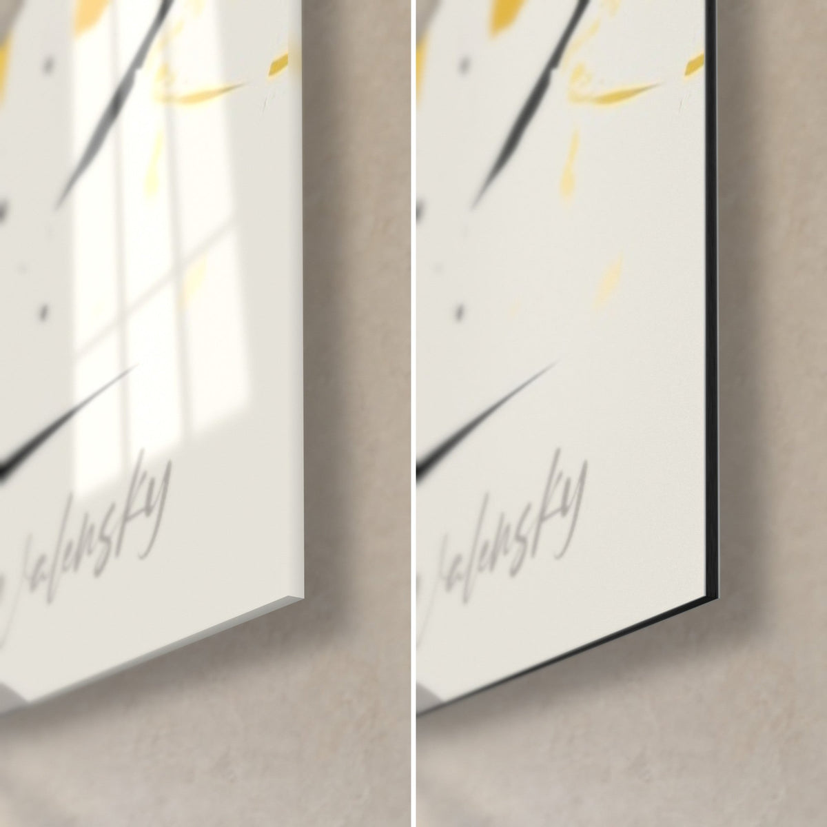 Quadro giocatore con cappuccio nero e giallo, angolo in basso a destra: vetro acrilico lucido a sinistra, alluminio Dibond opaco a destra, bordo da 3 mm