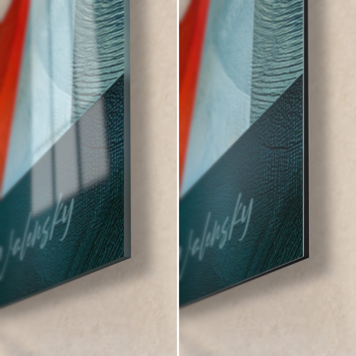 Wall art petrol blue game table, bottom right corner: glossy acrylic glass on the left, matte Dibond aluminium on the right, 3 mm edge