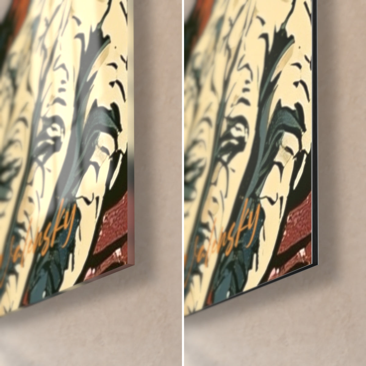 Wall art card player, white hand resting near an orange lower right corner, glossy glass on the left, matte Dibond on the right