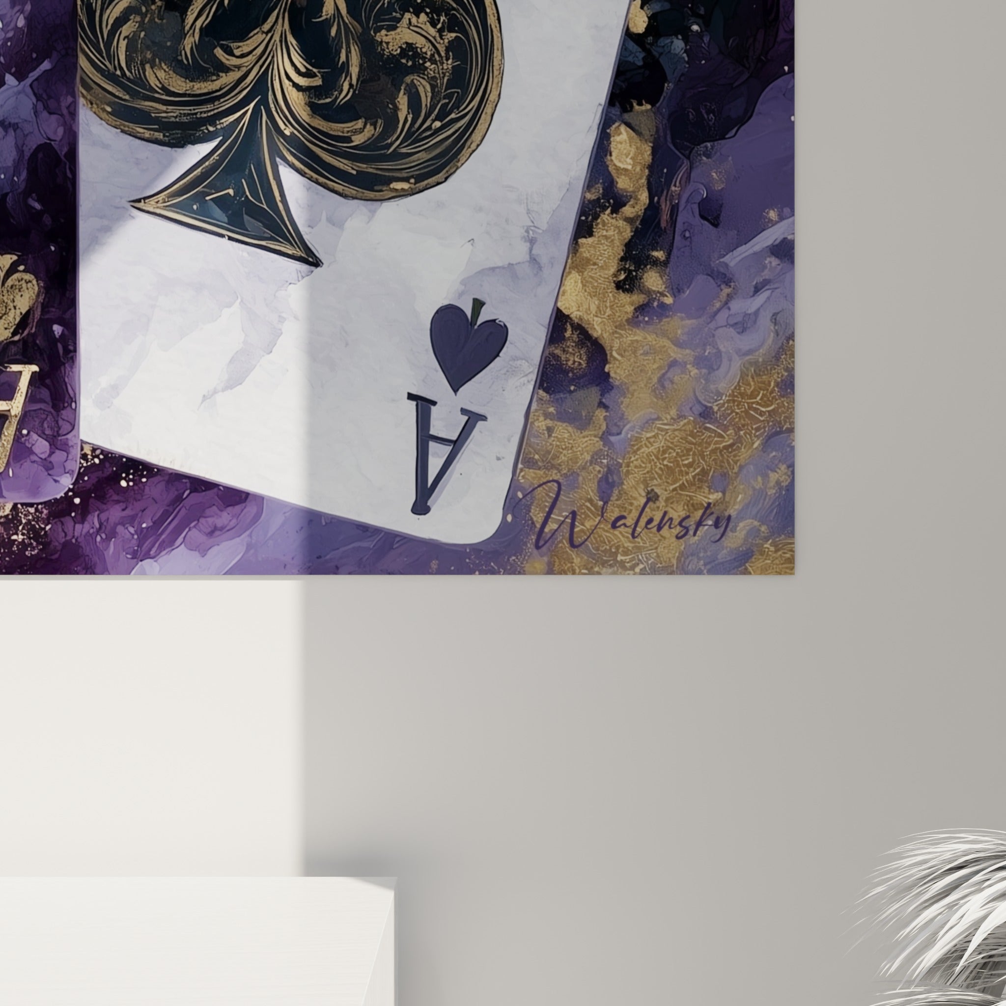 Détail du fond marbré violet et doré du tableau poker, empâtements et veines dorées visibles