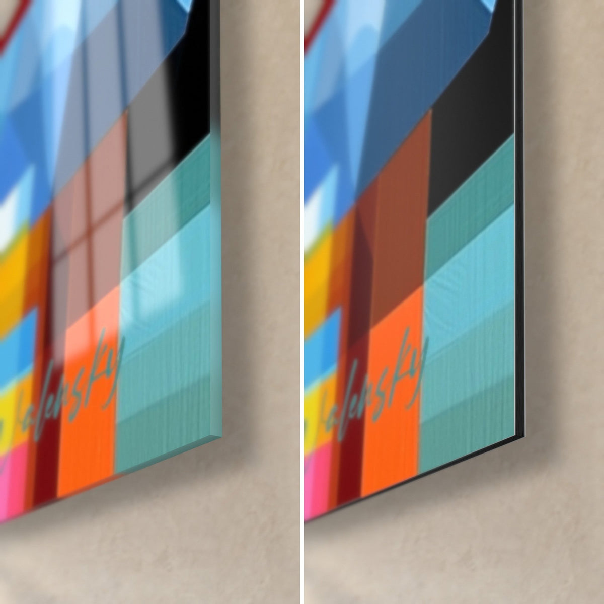 Cuadro de jugadores cubistas en naranja y azul, esquina inferior derecha: cristal acrílico brillante con reflejos, Dibond de aluminio turquesa mate, canto de 3 mm