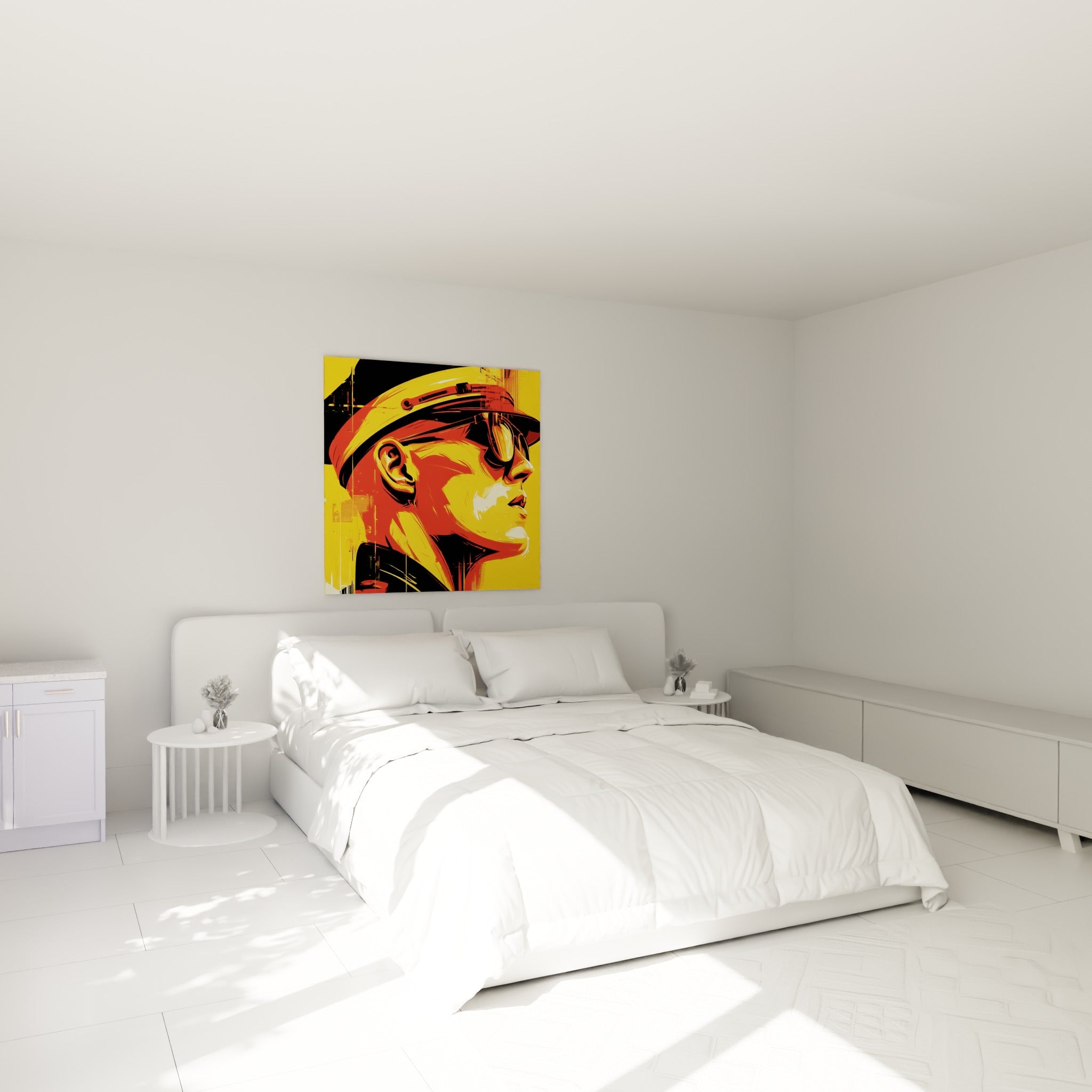 Silhouette casquée jaune et noire, tableau Police au-dessus d'un lit dans une chambre claire