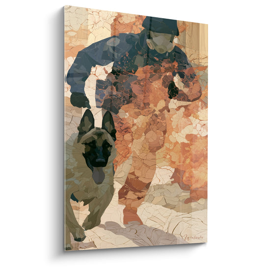 Tableau Berger malinois et policier ocre fracturés - Duo en mouvement - Edition Police