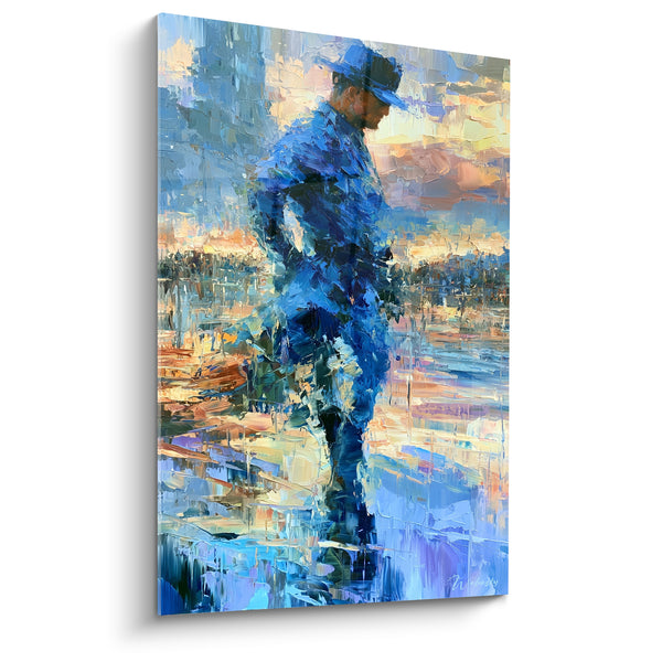 Tableau Officier bleu et orangé debout au bord de l'eau - Reflet du crépuscule - Edition Police