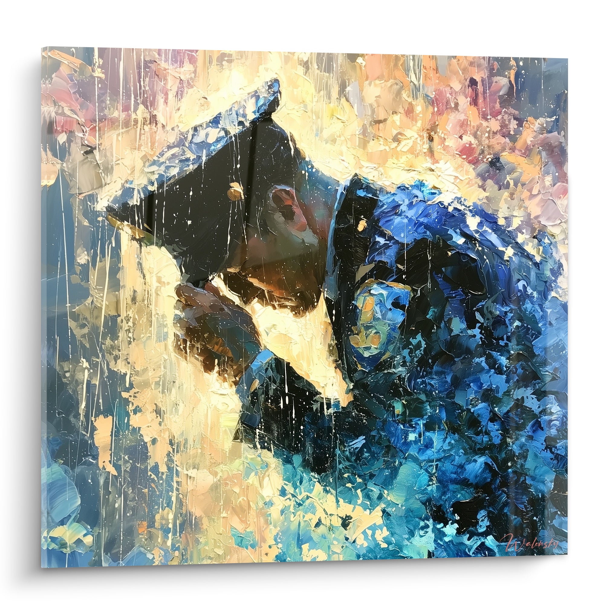 Policier tête baissée en bleu marine et doré, peinture texturée à l'empâtement expressif