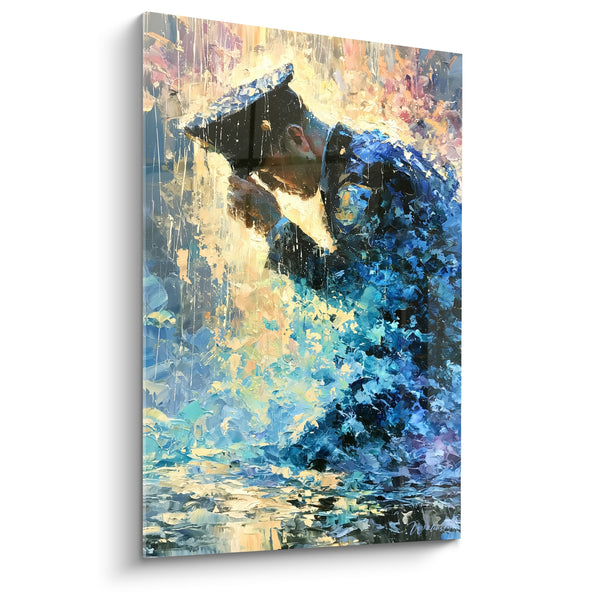 Tableau Policier bleu et doré sous la pluie - Salut sous l'orage - Edition Police