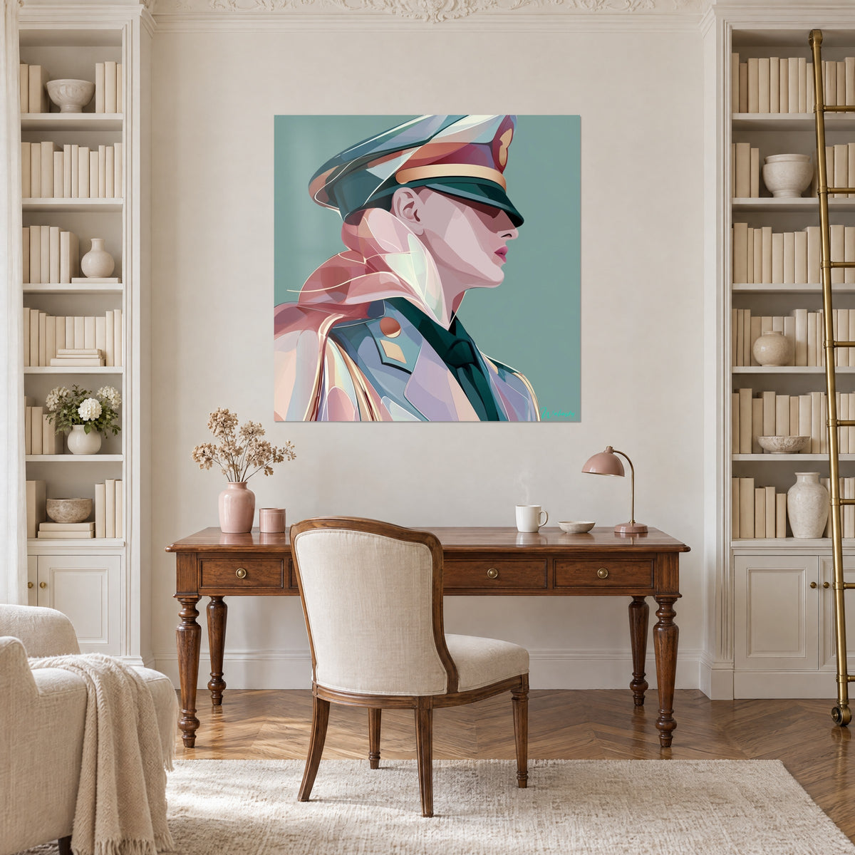 Wall art elegant officer's face in pastel tones of pink, lilac and deep green, between two white bookcases above a wooden desk