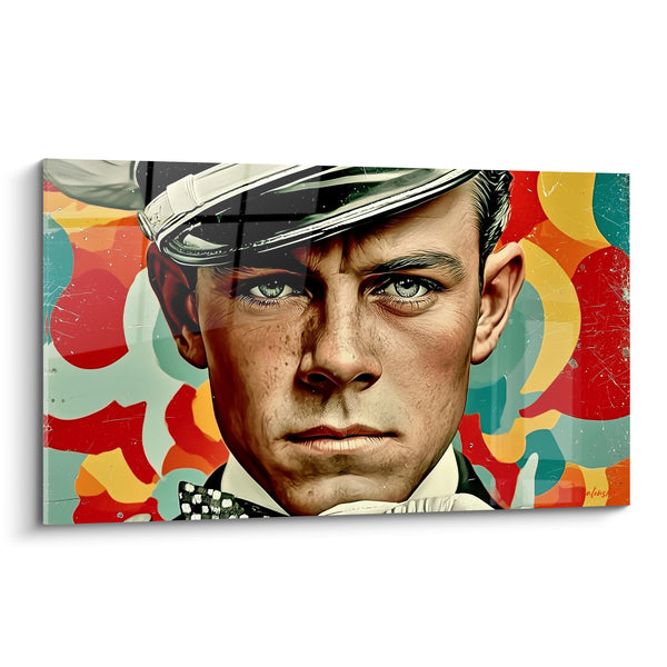 Tableau Officier casquette blanche fond rouge turquoise - Autorité figée - Edition Police
