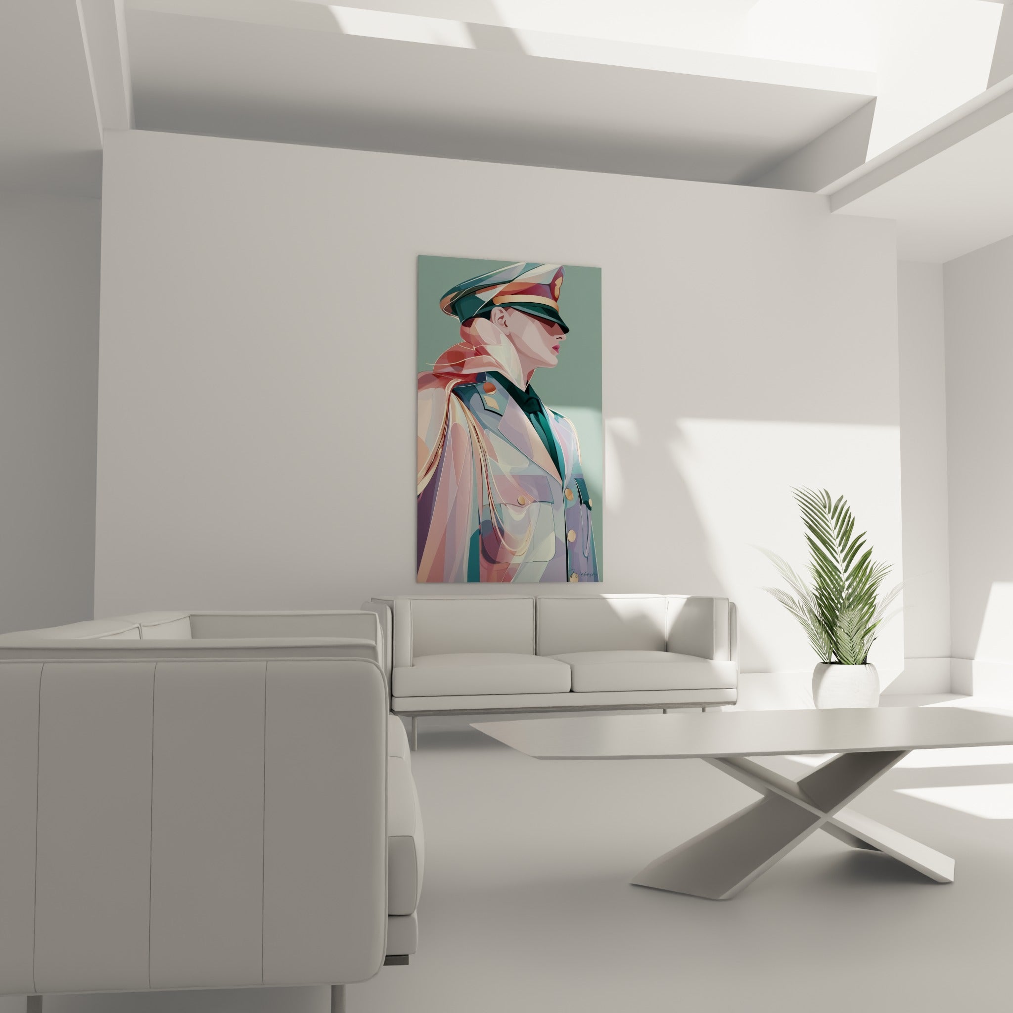 Officier casquette dorée et col vert profond, accroché au-dessus d'un canapé dans un salon lumineux