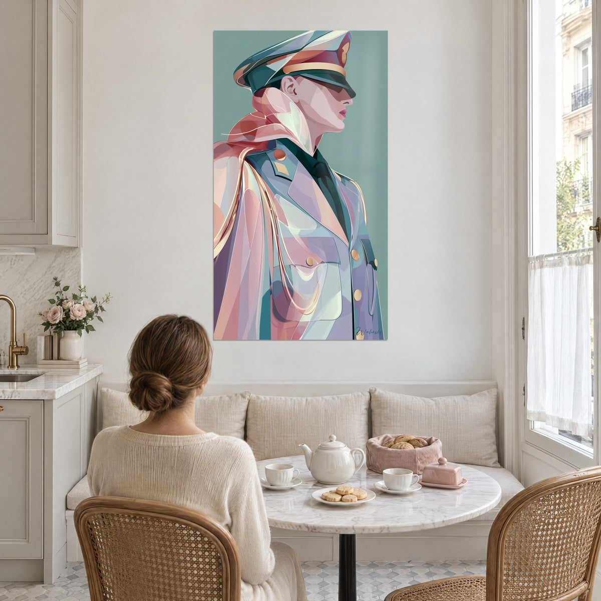 Cuadro uniforme con transparencias rosas y lavanda, perfil con quepis verde y dorado, en una cocina blanca junto a una mesa de café