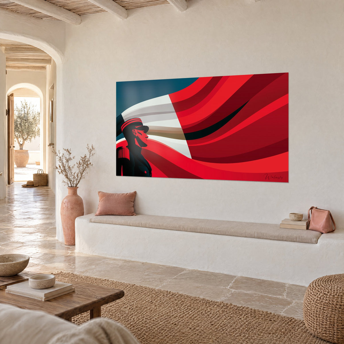 Wall art profile silhouette of a gendarme and billowing scarlet fabric folds on a petrol blue background, rough-cast wall of a white house