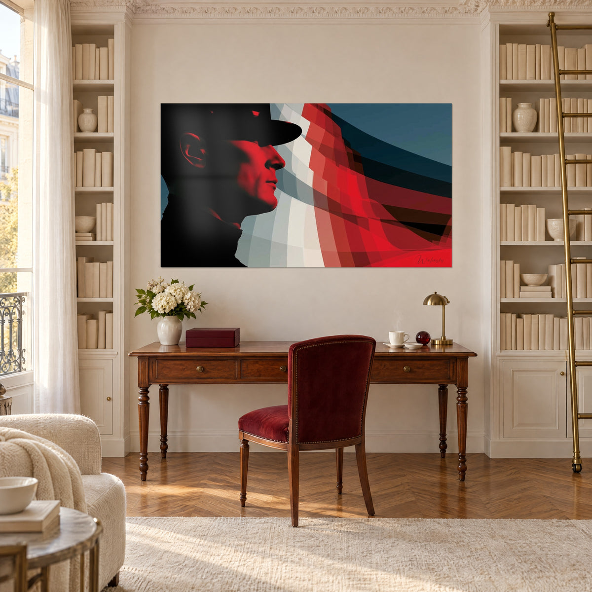 Obraz mężczyzna w ciemnej czapce w karmazynowym profilu, tło w stalowoniebieską kratę, między dwoma regałami pełnymi książek, drewniane biurko
