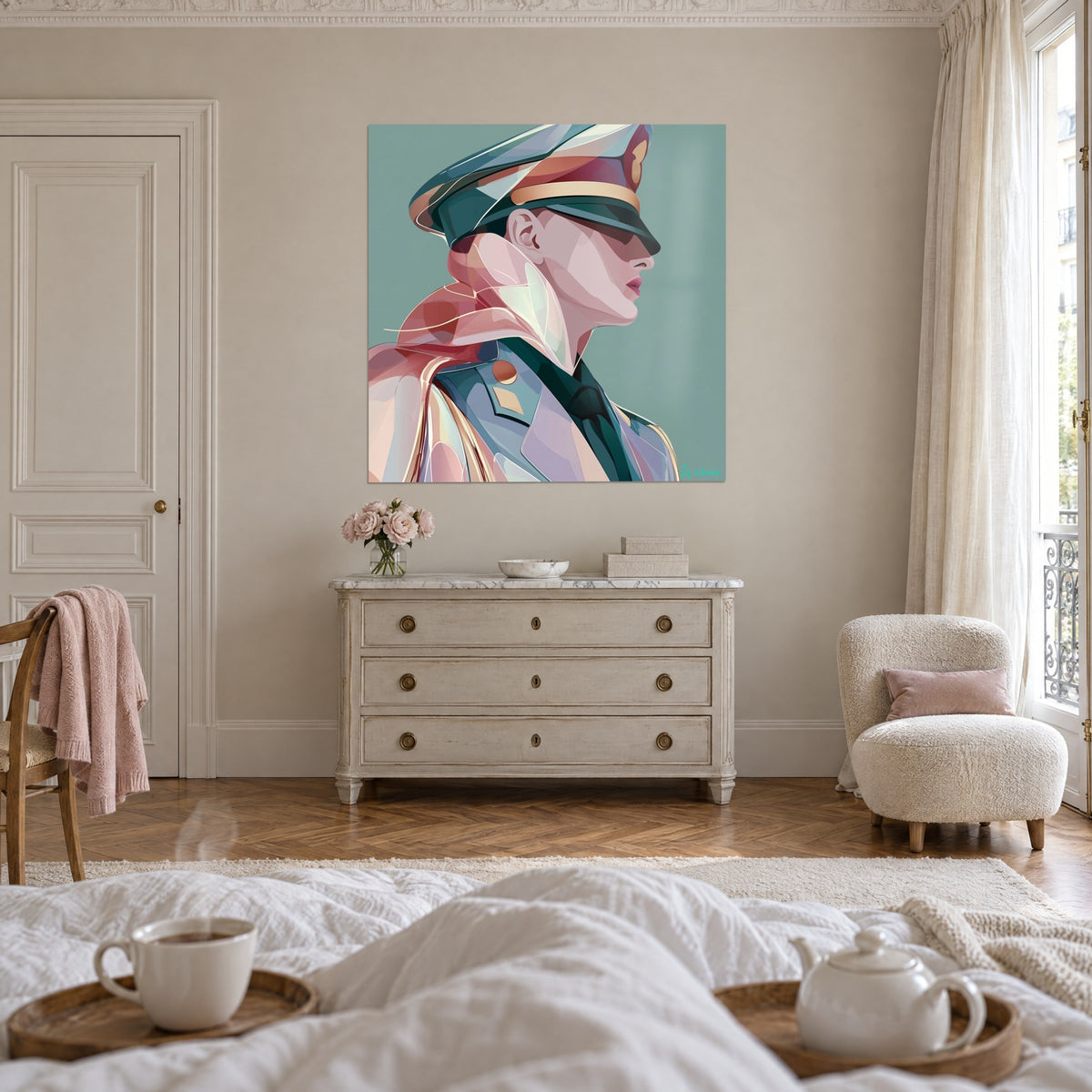 Wall art graphic policeman with emerald cap, fir green tie and powder pink veil, above a bed in a bright bedroom