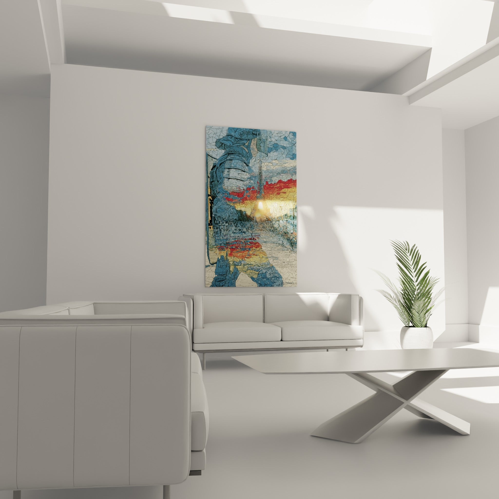 Figure Police fragmentée en bleu et terracotta suspendue au-dessus d'un canapé dans un salon lumineux