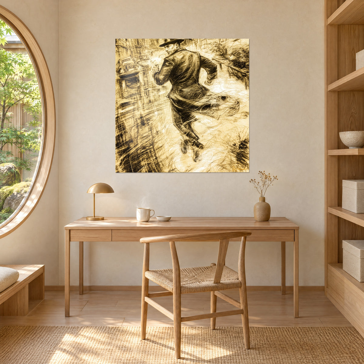 Tableau poursuite en trench et chapeau mou, lavis sépia et blanc crème, accroché au mur beige d'un bureau en bois clair près d'une baie ronde