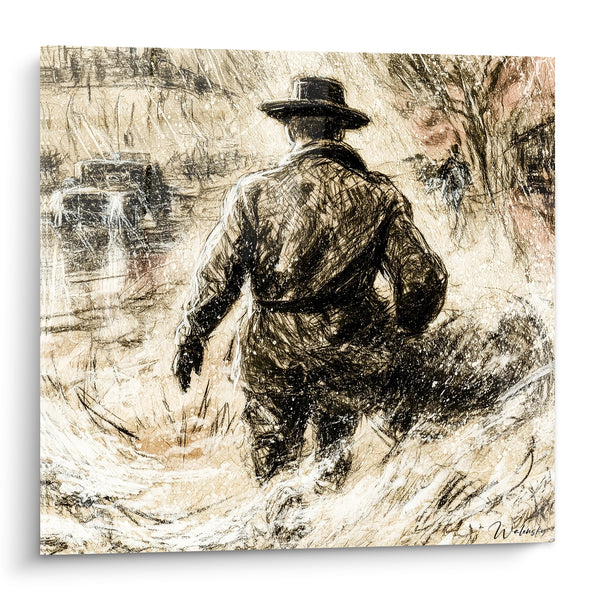 Tableau Cow-boy noir et beige sous la tempête - Marche vers l'inconnu - Edition Police