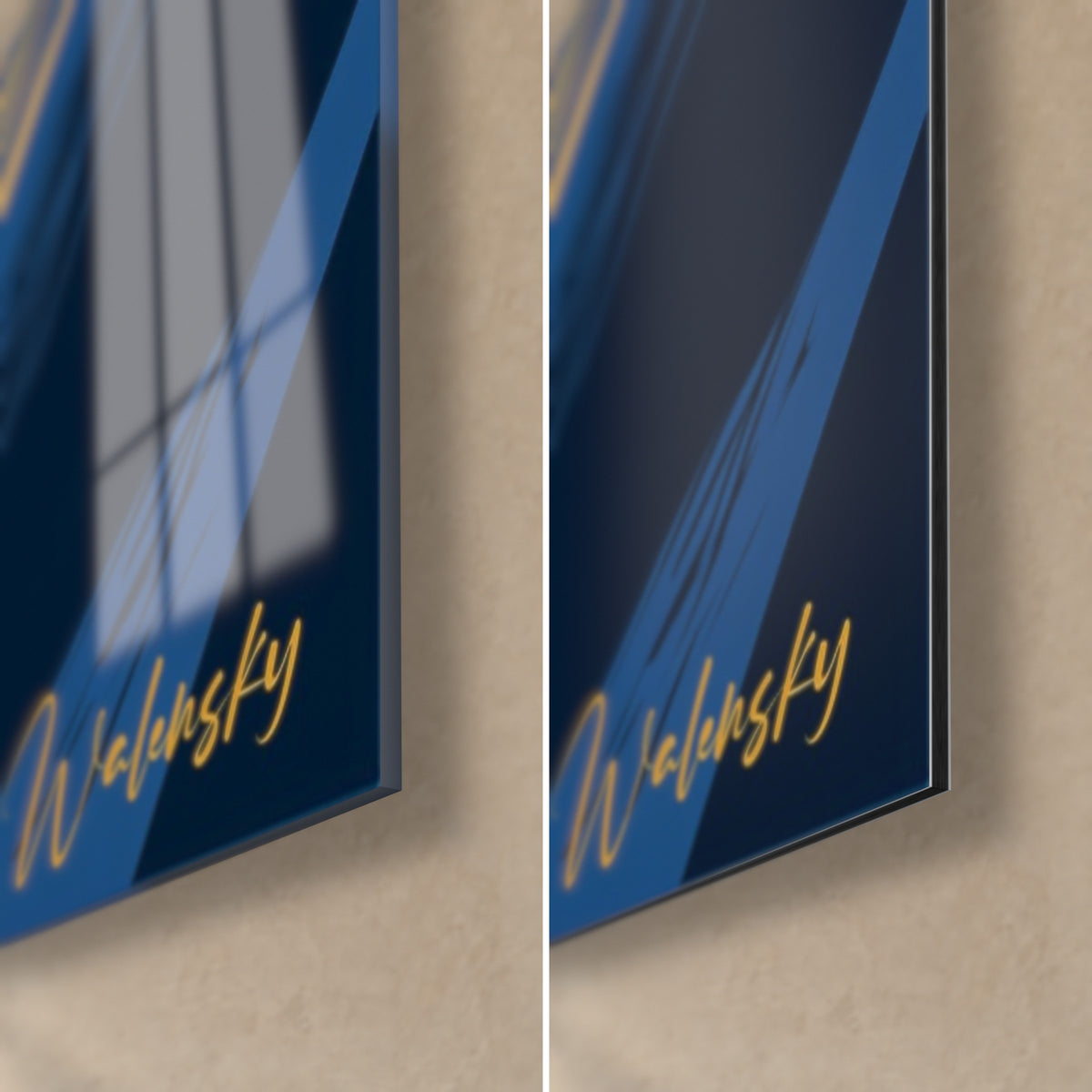 Schilderij met silhouet van een gehelmde agent, rechtsonder: gouden handtekening Walensky op blauw, glanzend glas dat het raam weerspiegelt, mat Dibond