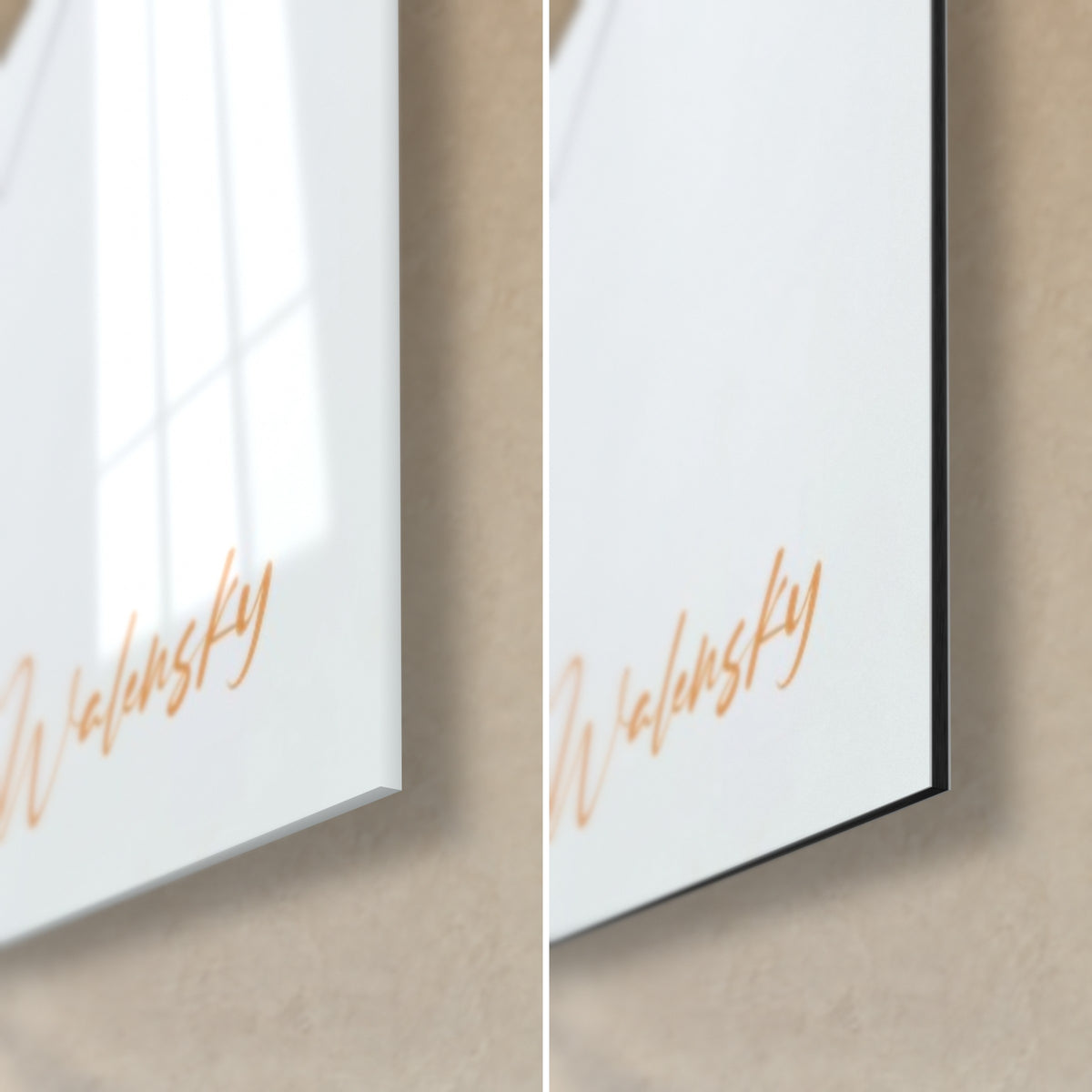 Wall art coral urban patrol car, lower right corner with orange signature, glossy glass on the left, matte black Dibond on the right, 3 mm edge