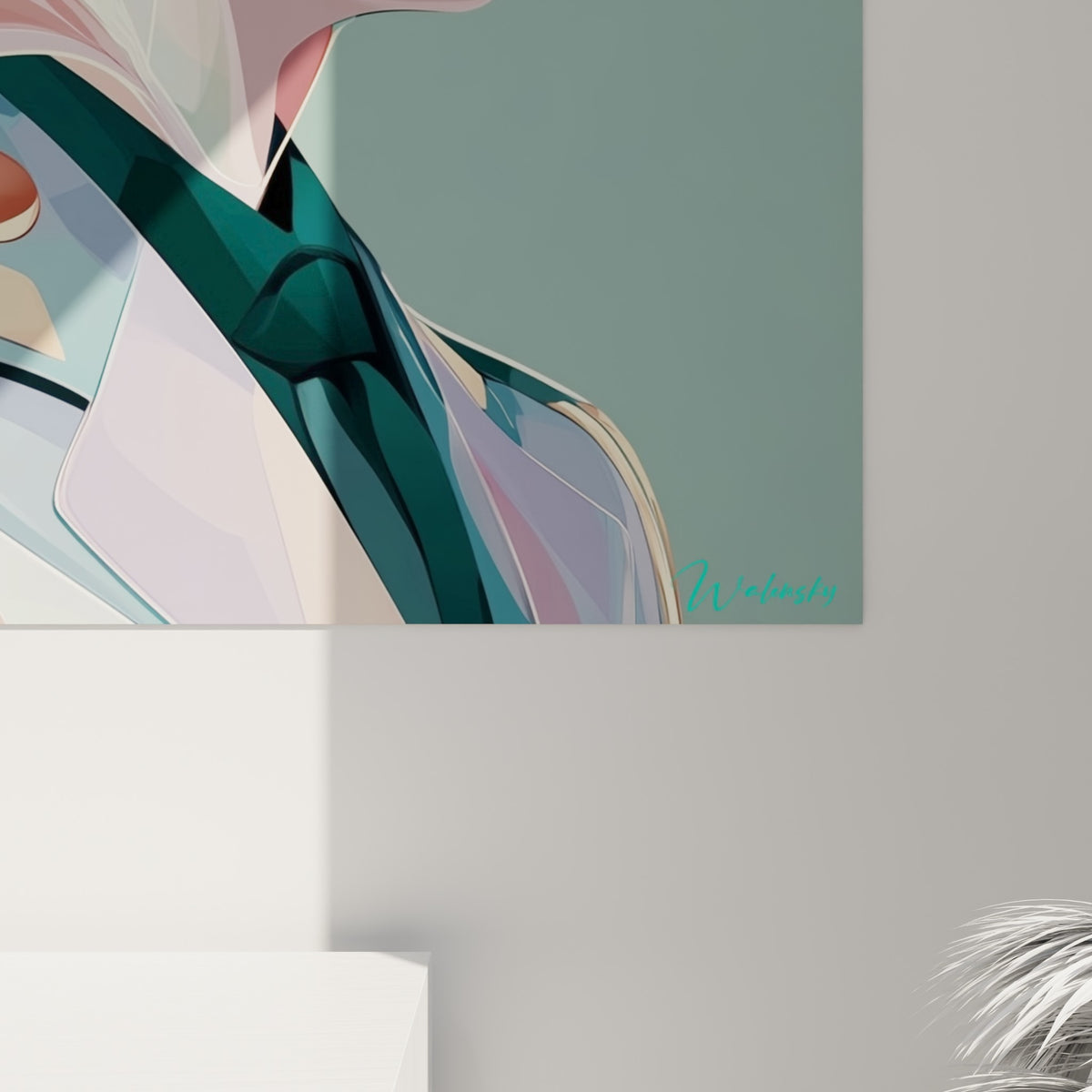 Détail des plans colorés vert émeraude et rose translucide se chevauchant sur la toile imprimée