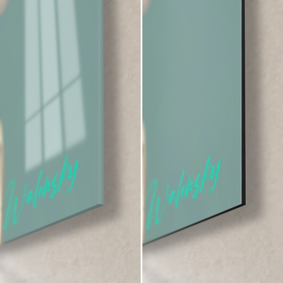 Wall art stylised police officer, bottom right corner: glossy acrylic glass with reflections on the left, matte black Dibond on the right, turquoise signature