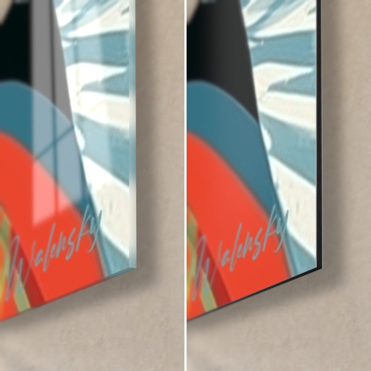 Wall art black uniform on red background, bottom right corner: glossy acrylic glass on the left, matte Dibond aluminium, 3 mm edge