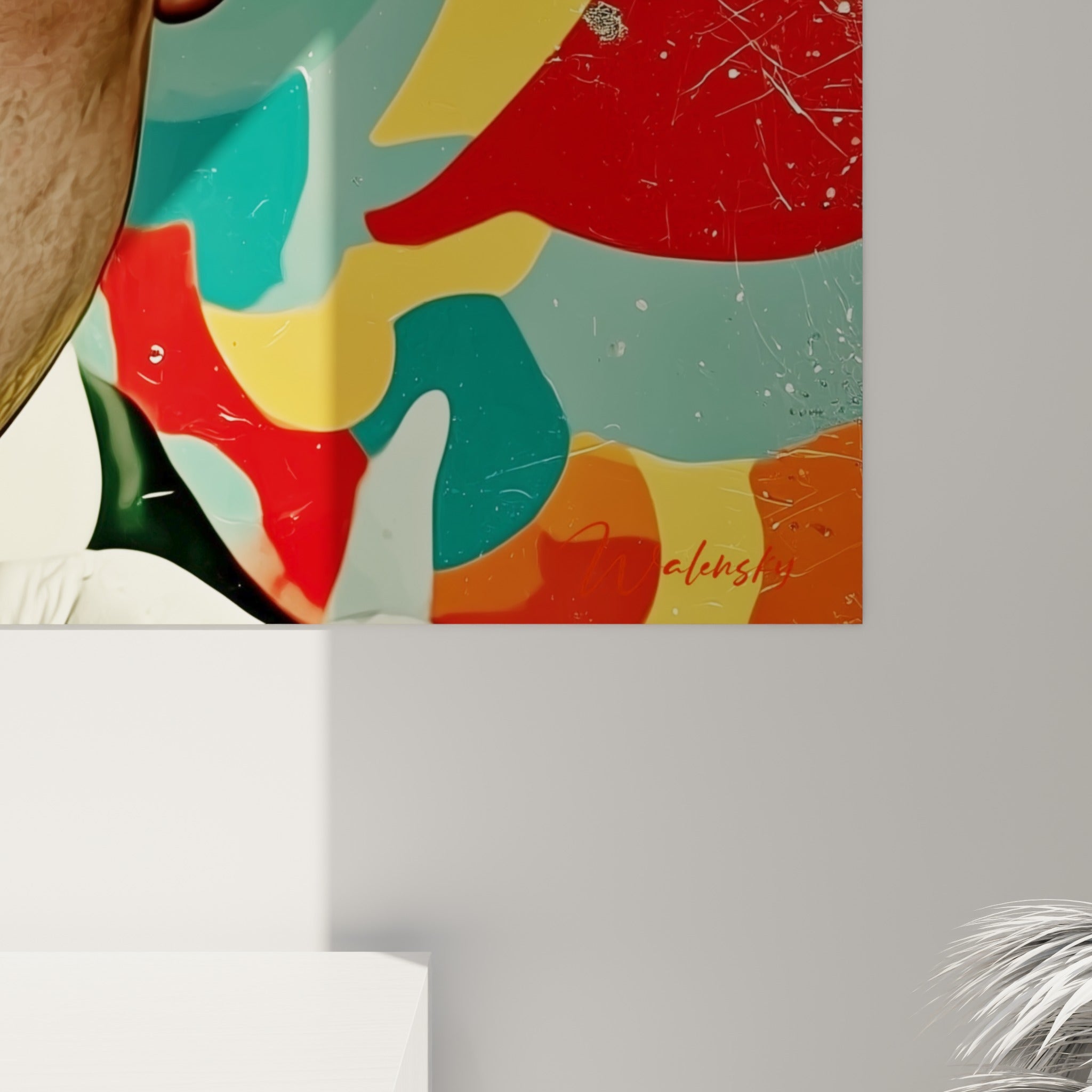 Détail du grain pictural montrant les touches rouges, jaunes et turquoise se mêlant autour du visage du policier
