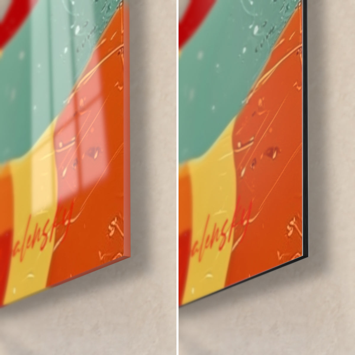 Quadro ufficiale con papillon a pois, angolo in basso a destra: vetro acrilico lucido con riflessi, Dibond opaco arancio e turchese
