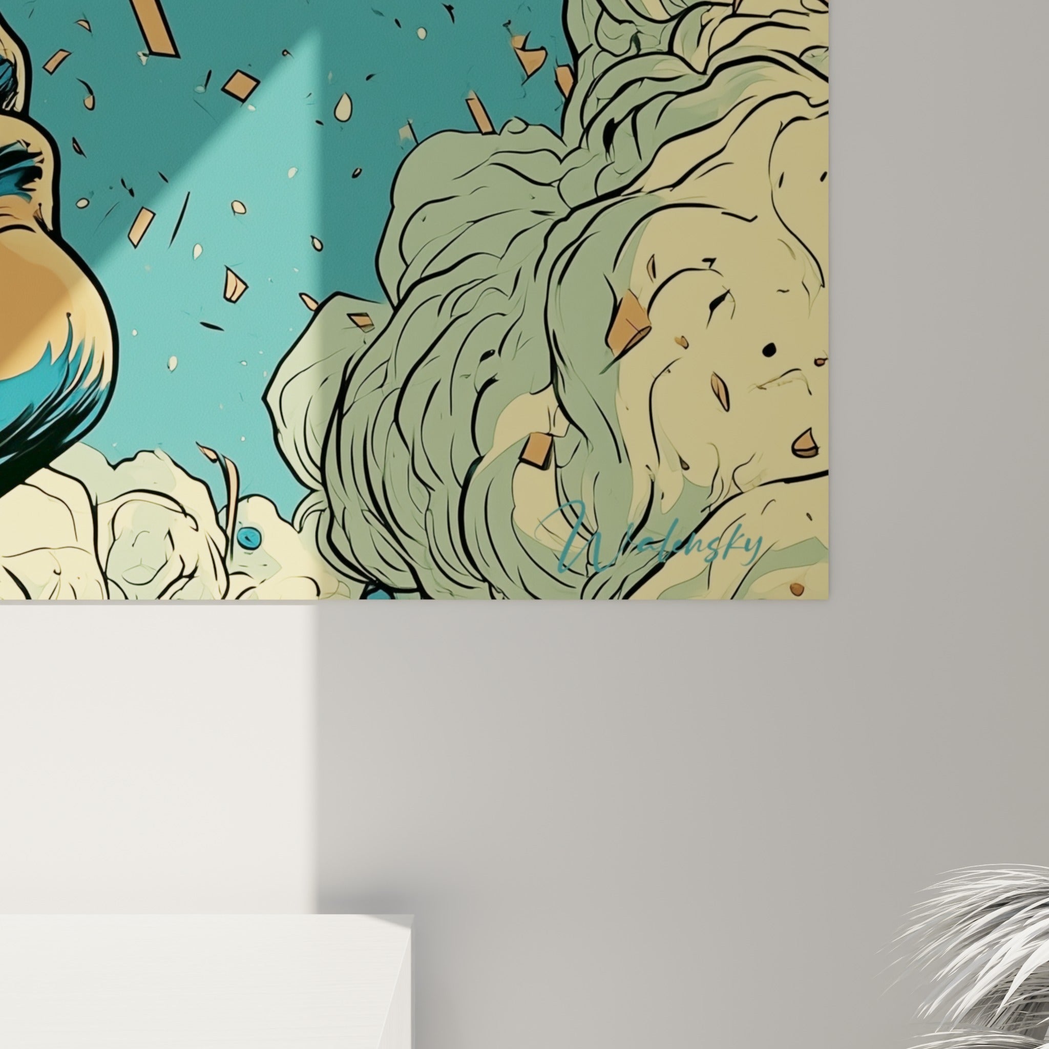 Détail du visage orange brûlé et des éclats de fumée crème sur ce tableau policier au trait graphique marqué