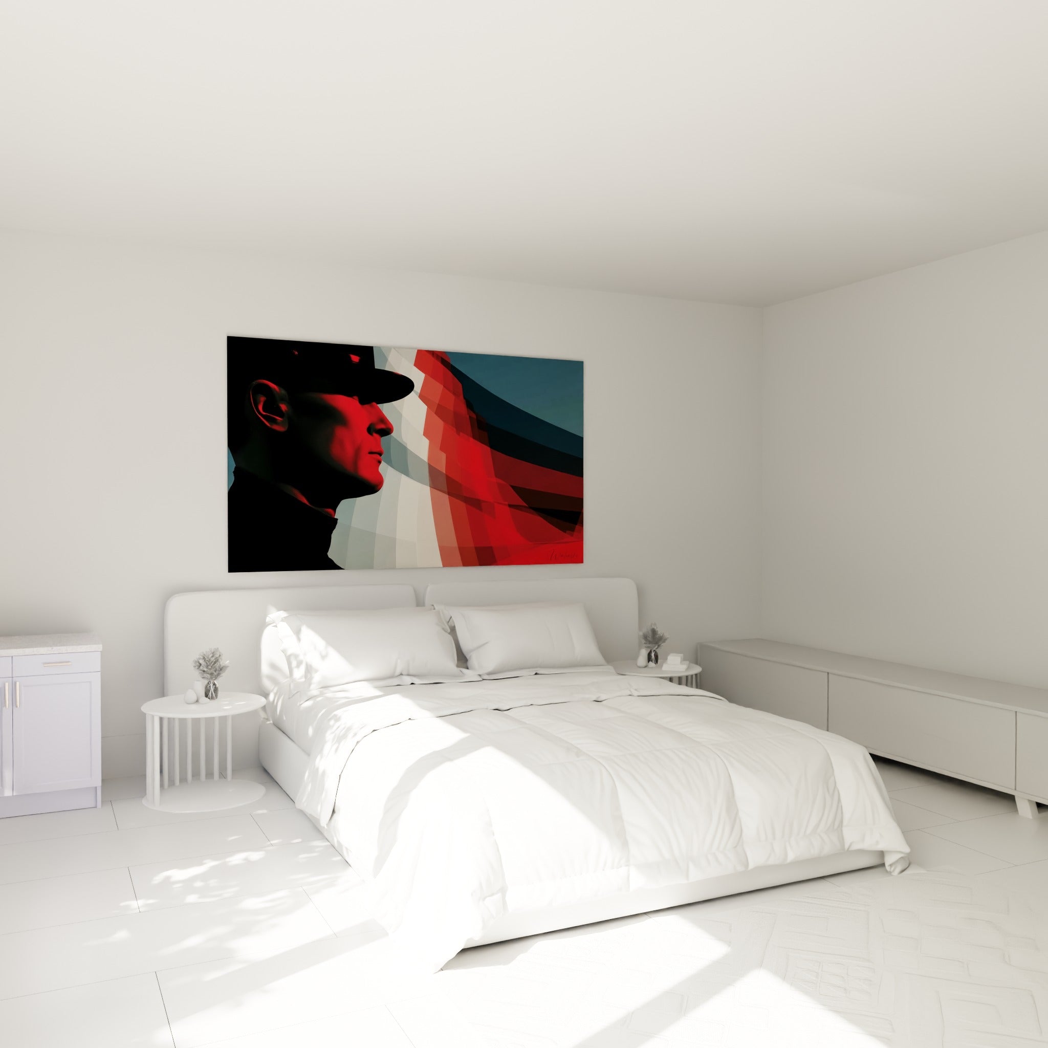 Silhouette casquée rouge et blanche du tableau policier accrochée au-dessus d'un lit dans une chambre claire