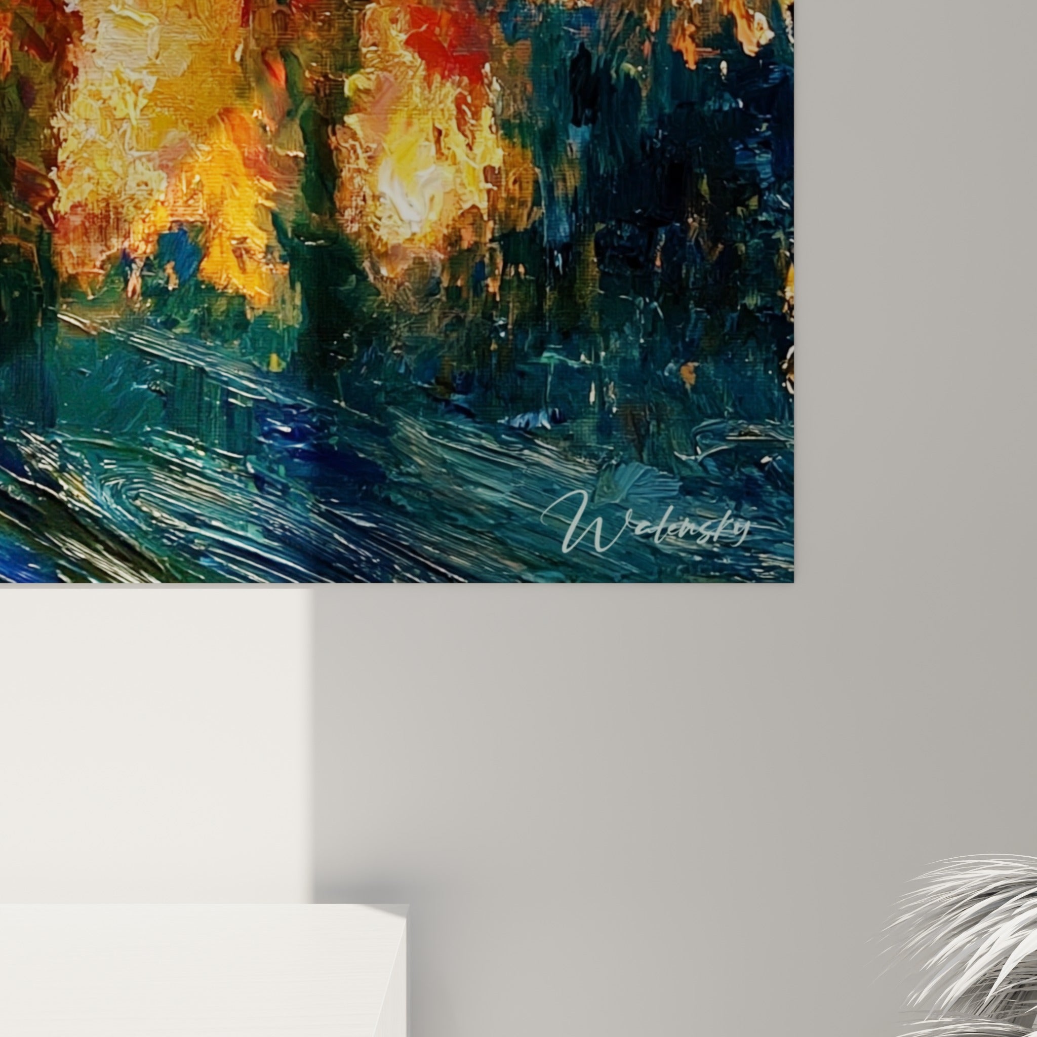 Empâtements orange et bleu marine visibles sur ce tableau policier, matière épaisse et coulures dorées