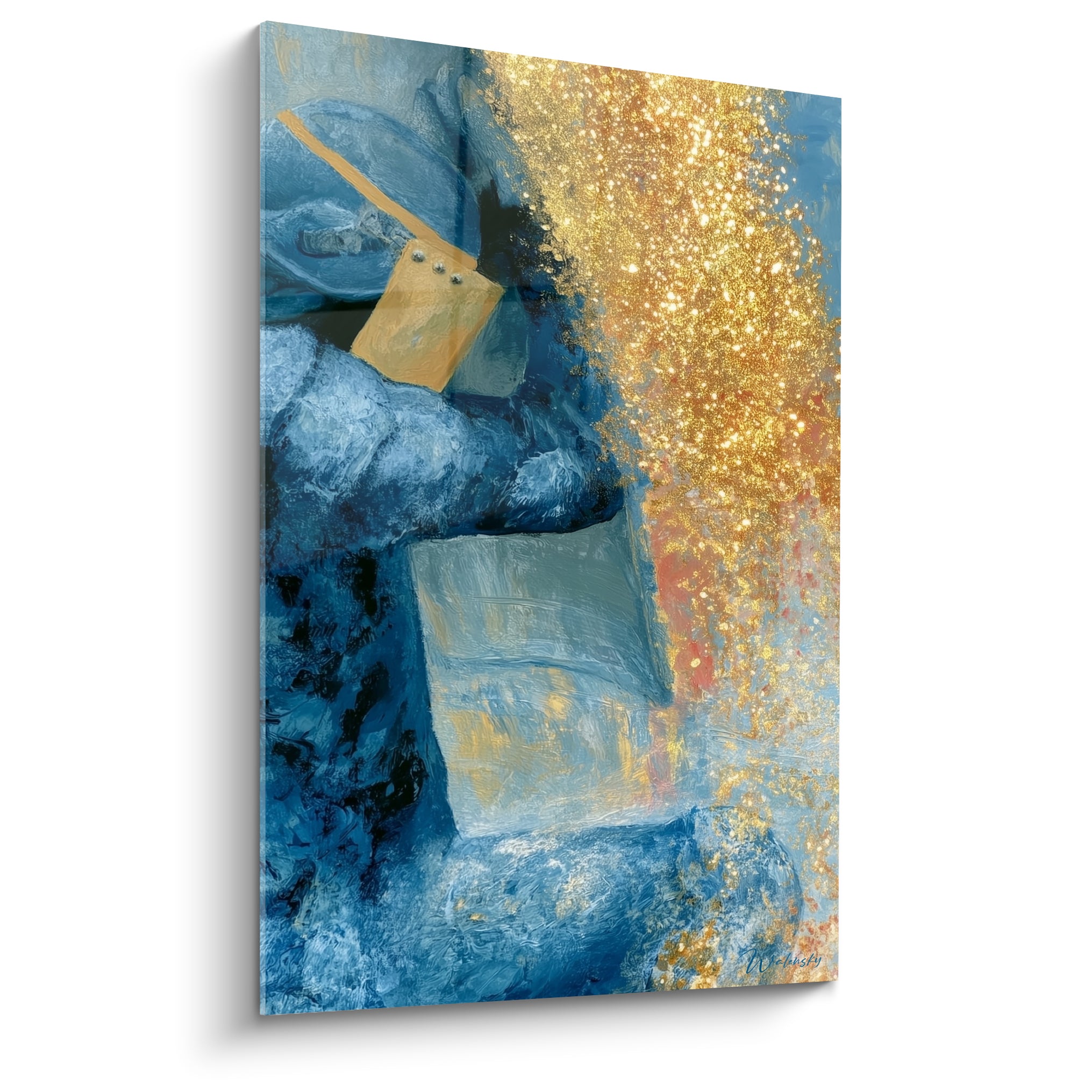 Explosion dorée traverse un tableau police en bleu marine et bleu pastel texturé