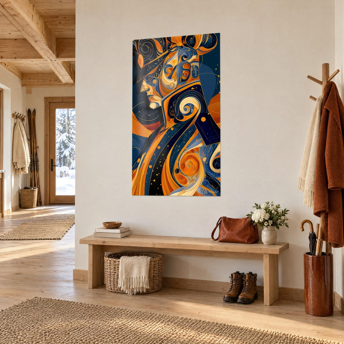Wall art celestial guardian in a helmet of orange and indigo spirals, gold dots, on a white wall at a chalet entrance