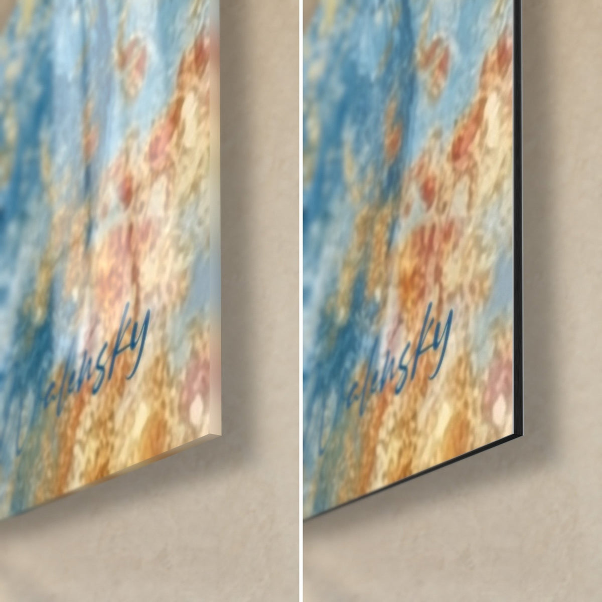 Tableau étoile de police bleue et dorée, coin bas droit : signature Walensky, reflets orangés du verre brillant, Dibond mat noir