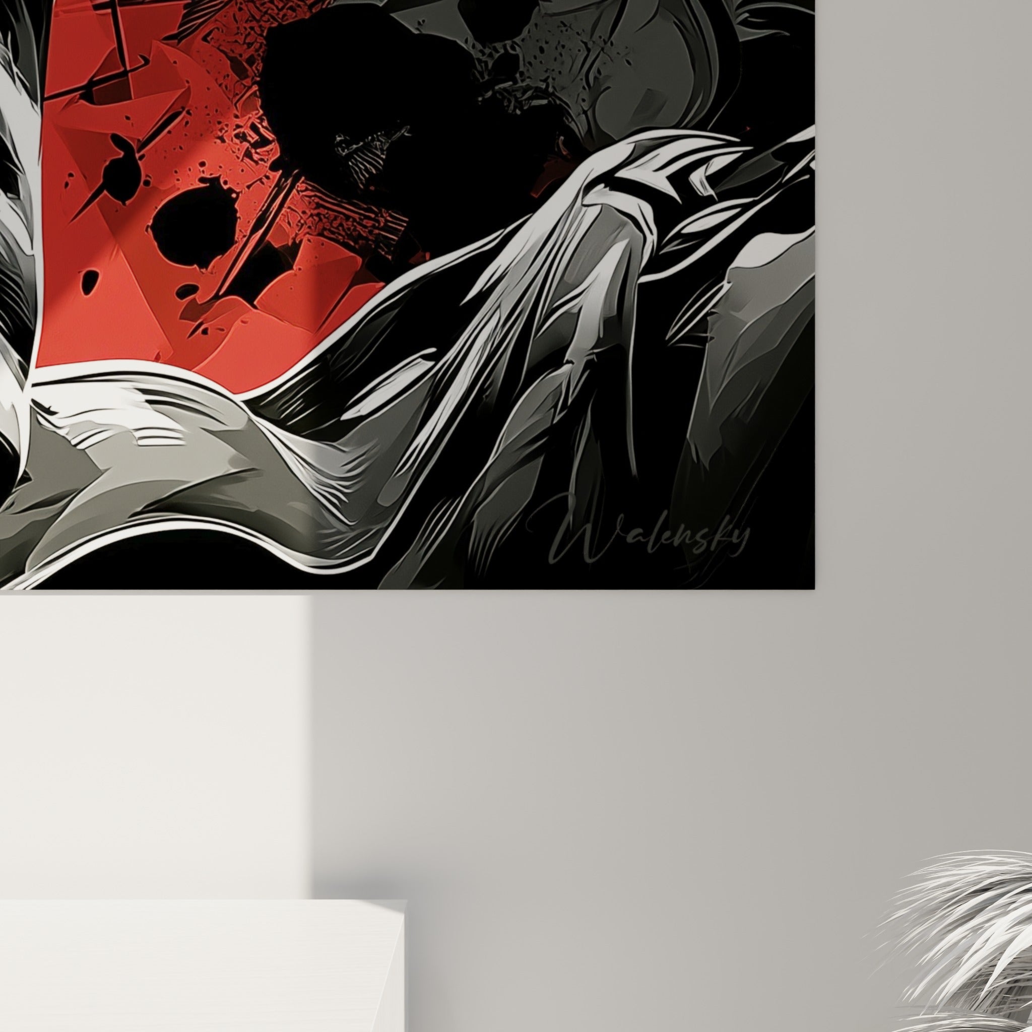 Empâtements graphiques noir et rouge se mêlant sur la toile, traits nerveux et grain visible de l'impression