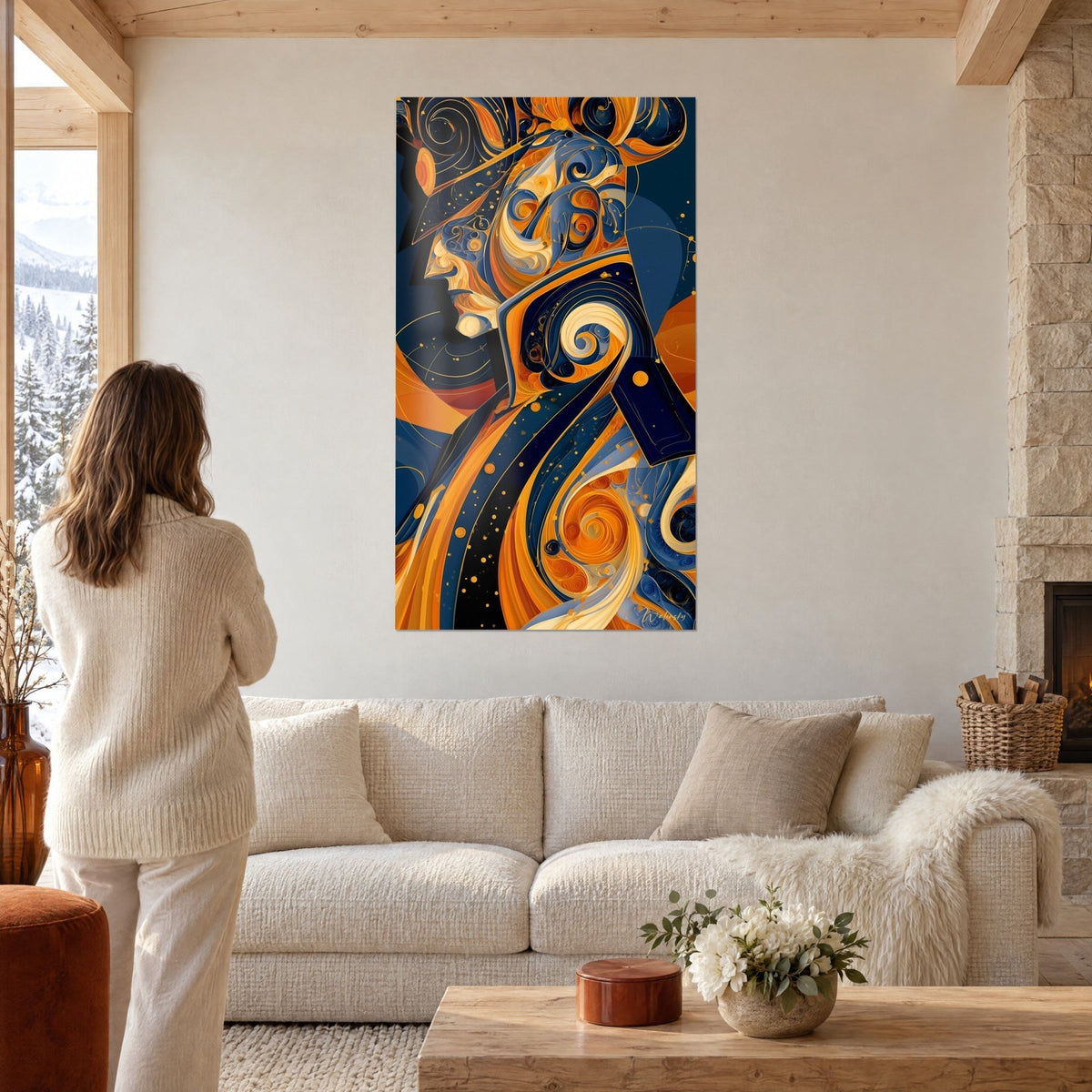Wall art side profile in a helmet of navy and orange swirls, gold pinstripes, above a sofa in a bright living room