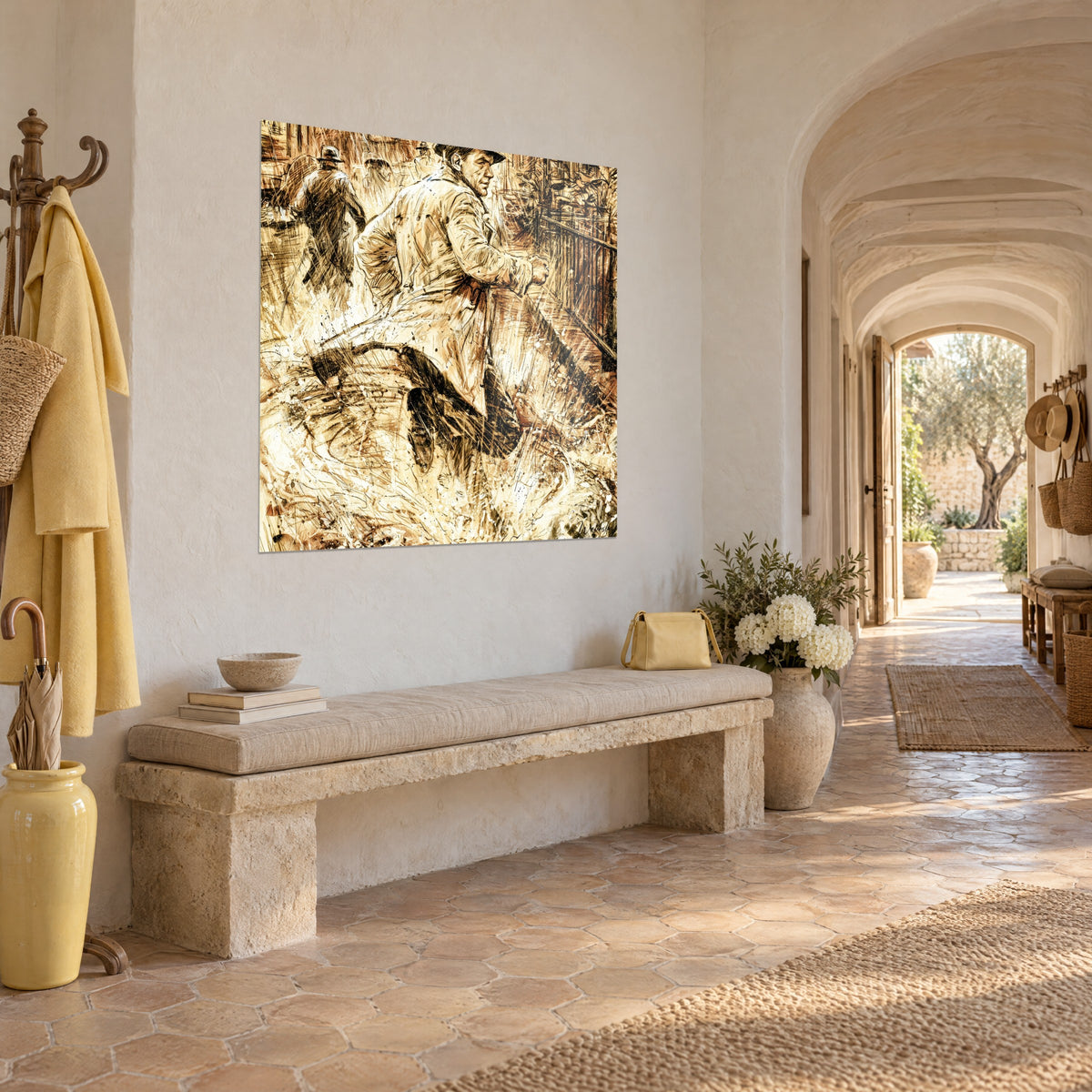Wall art hurried silhouette in a light trench coat beside a black iron railing, ivory and brown splashes, in the hallway of the Provençal farmhouse