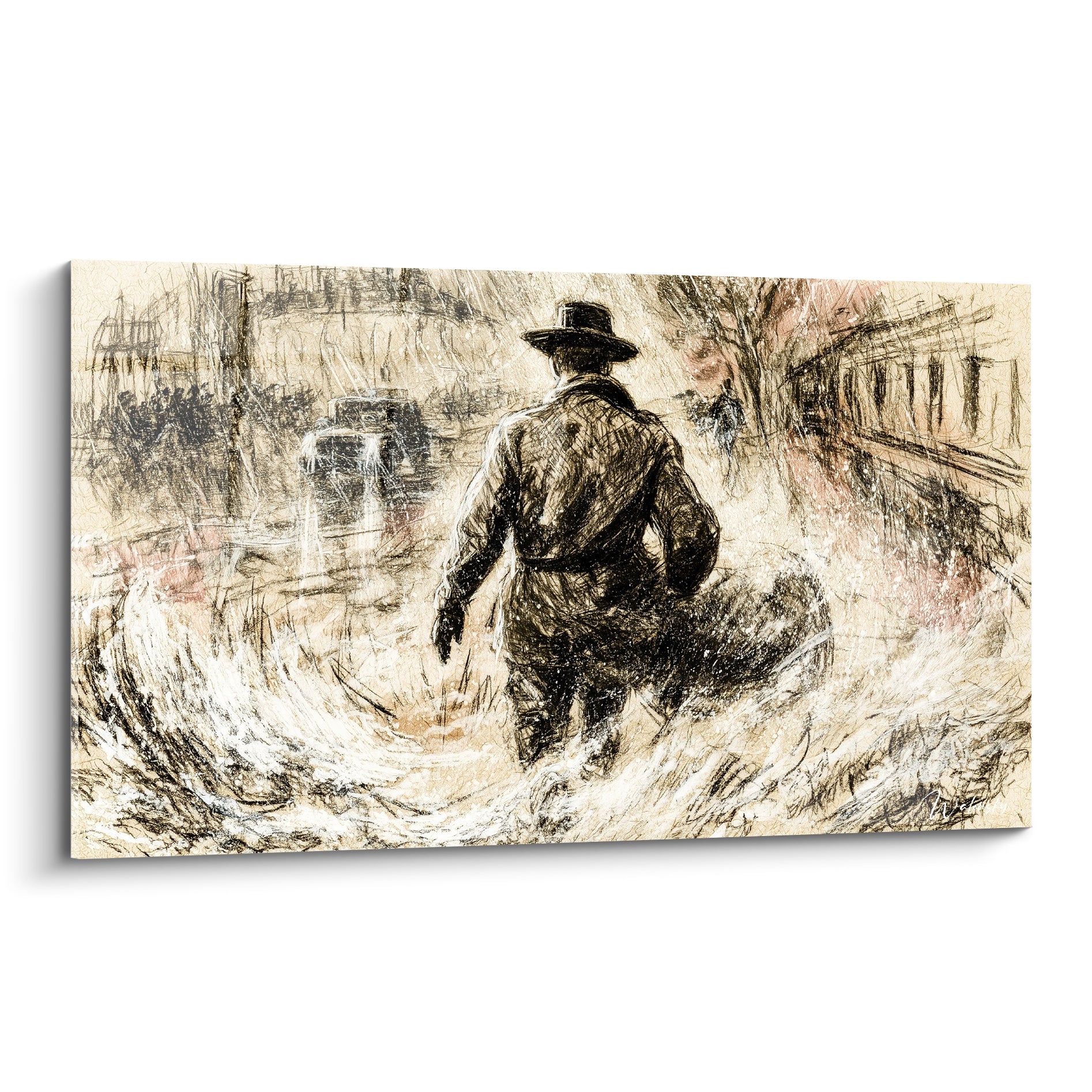 Homme au chapeau et manteau anthracite marchant dans une rue sable balayée de tourbillons blancs