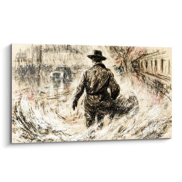 Tableau Homme au chapeau sépia et noir croisant la rue - Rue tourbillonnante à l'encre - Edition Police