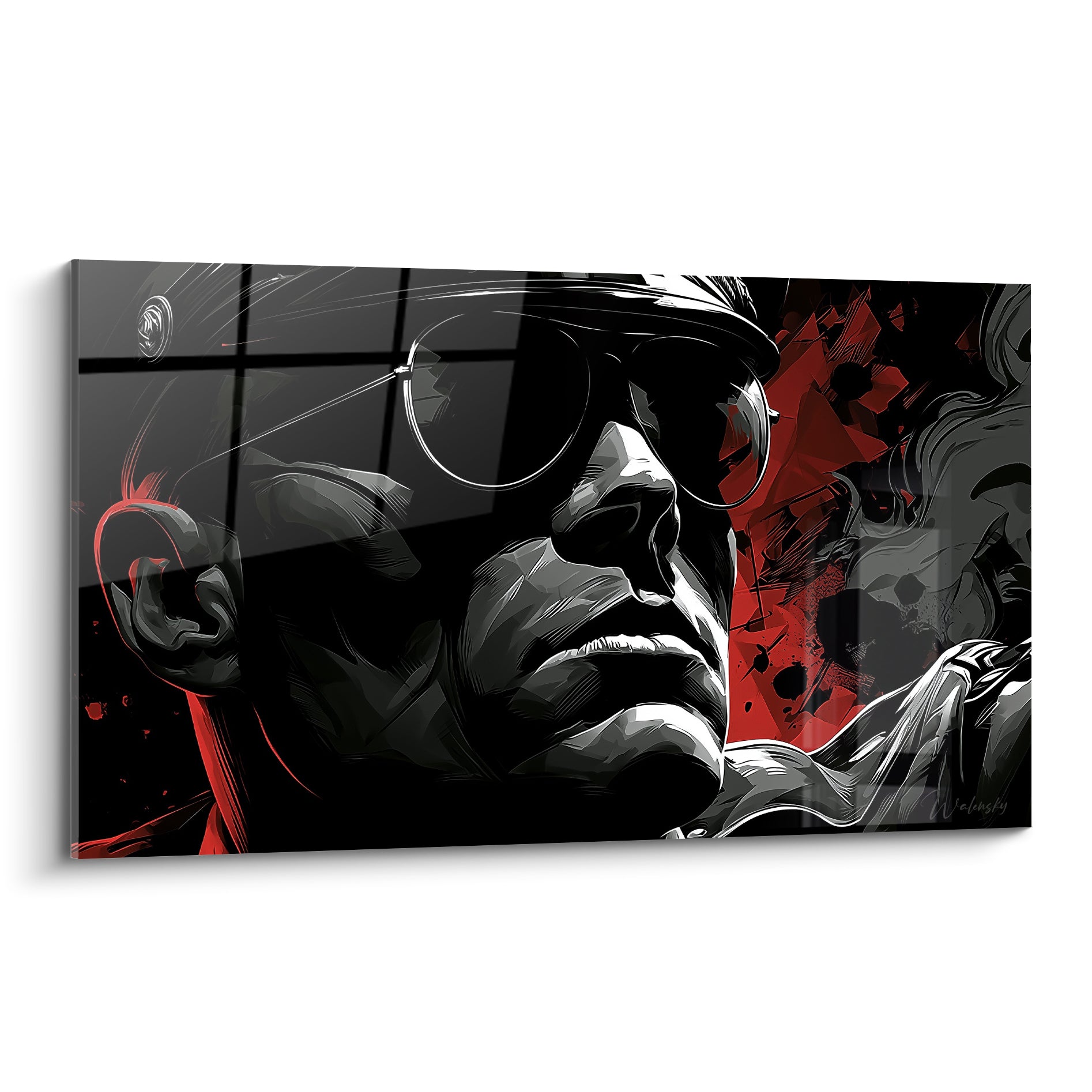 Homme aux lunettes noires et fumée grise, visage sculpté par des touches rouge écarlate intenses