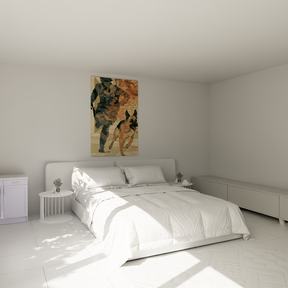 Maître-chien et berger allemand en aplats bleu marine et terracotta, au-dessus d'un lit dans une chambre claire