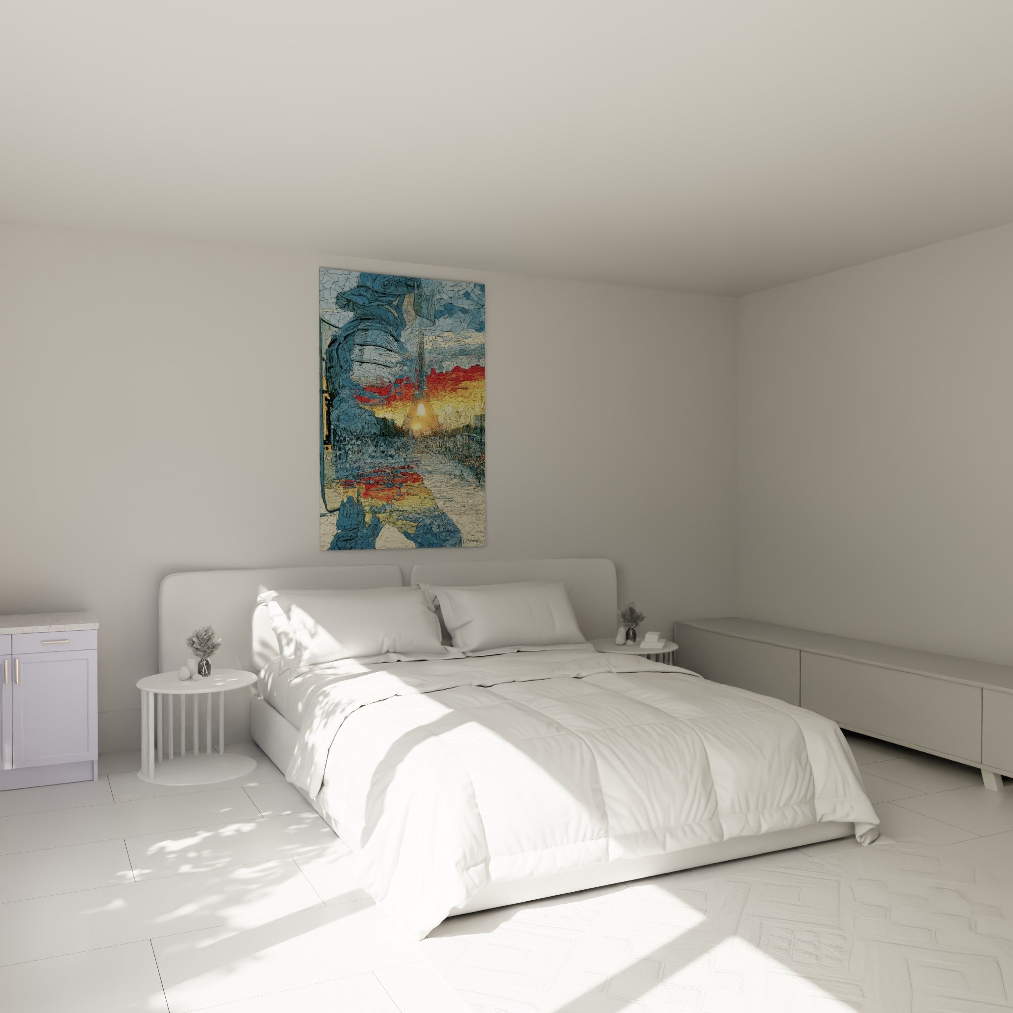 Casque Police bleu anthracite et lumière dorée accroché au-dessus d'un lit dans une chambre claire