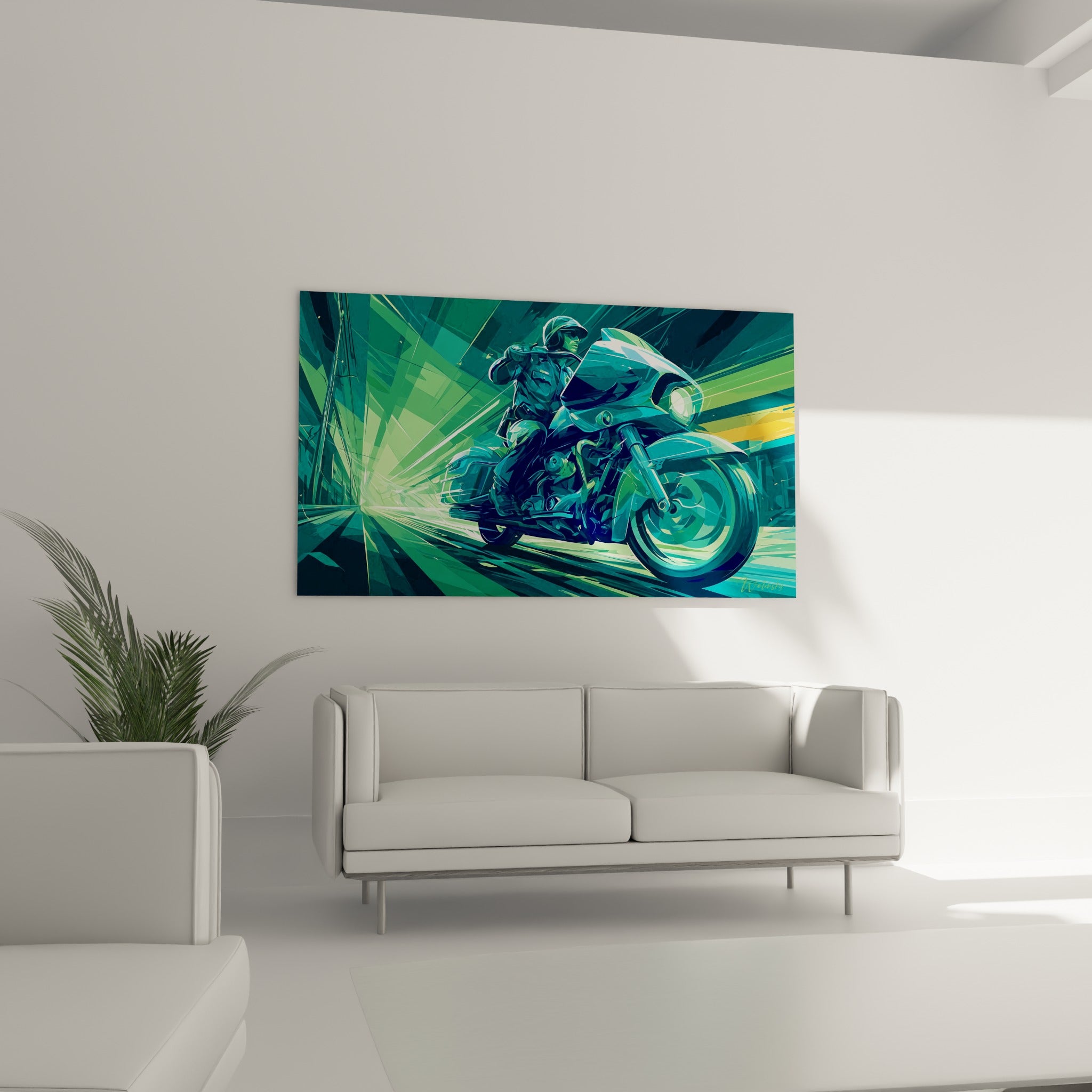 Motocycliste en pleine vitesse, tons verts et bleu nuit, au-dessus d'un canapé dans un salon lumineux